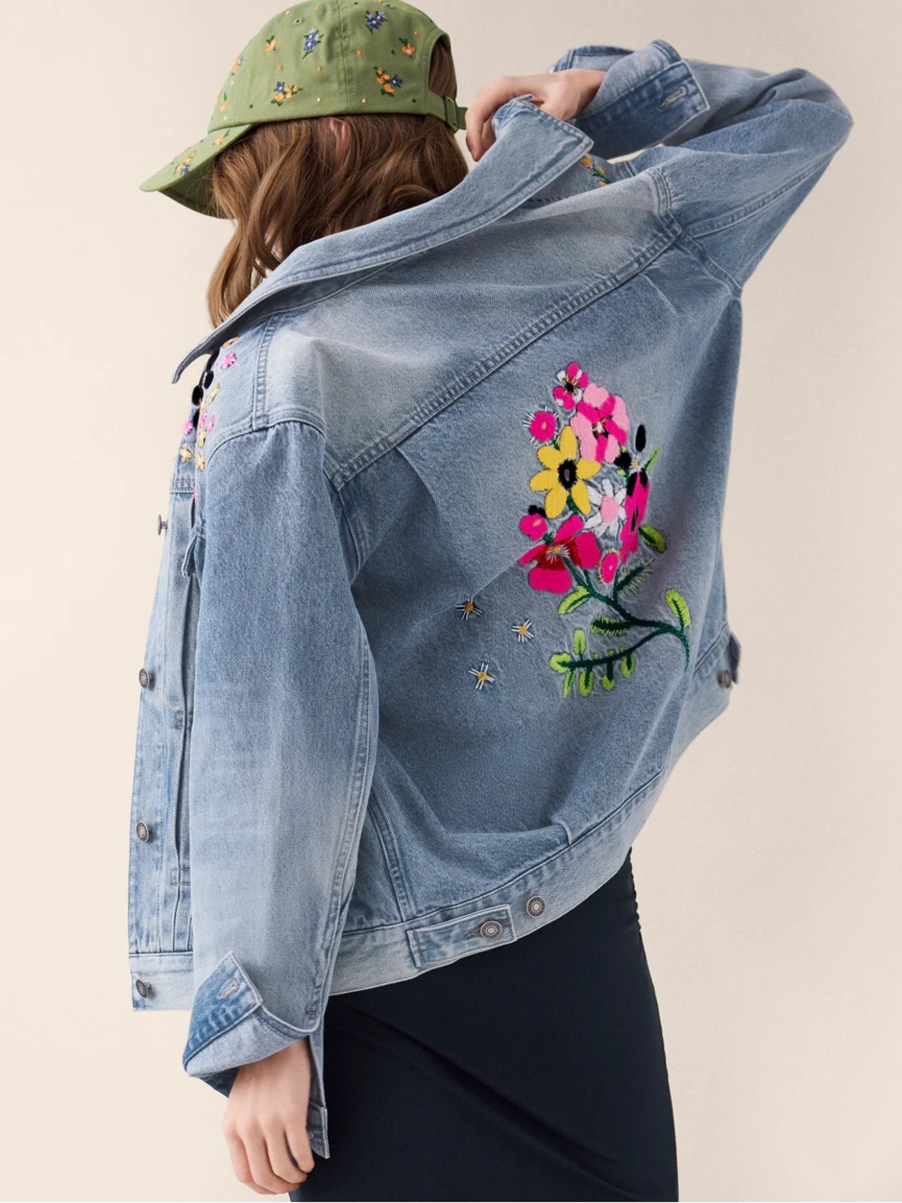 CAbi Light Blue Denim Jacket with Pink & Yellow Floral Embroidery MEADOW MEDIUM